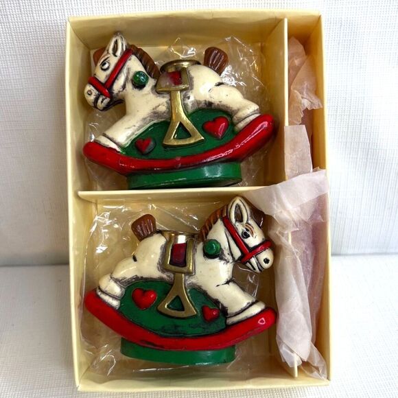 Holiday Memories Rocking Horse Candle Holders Set of 2 in Box Vintage Christmas - Picture 1 of 7